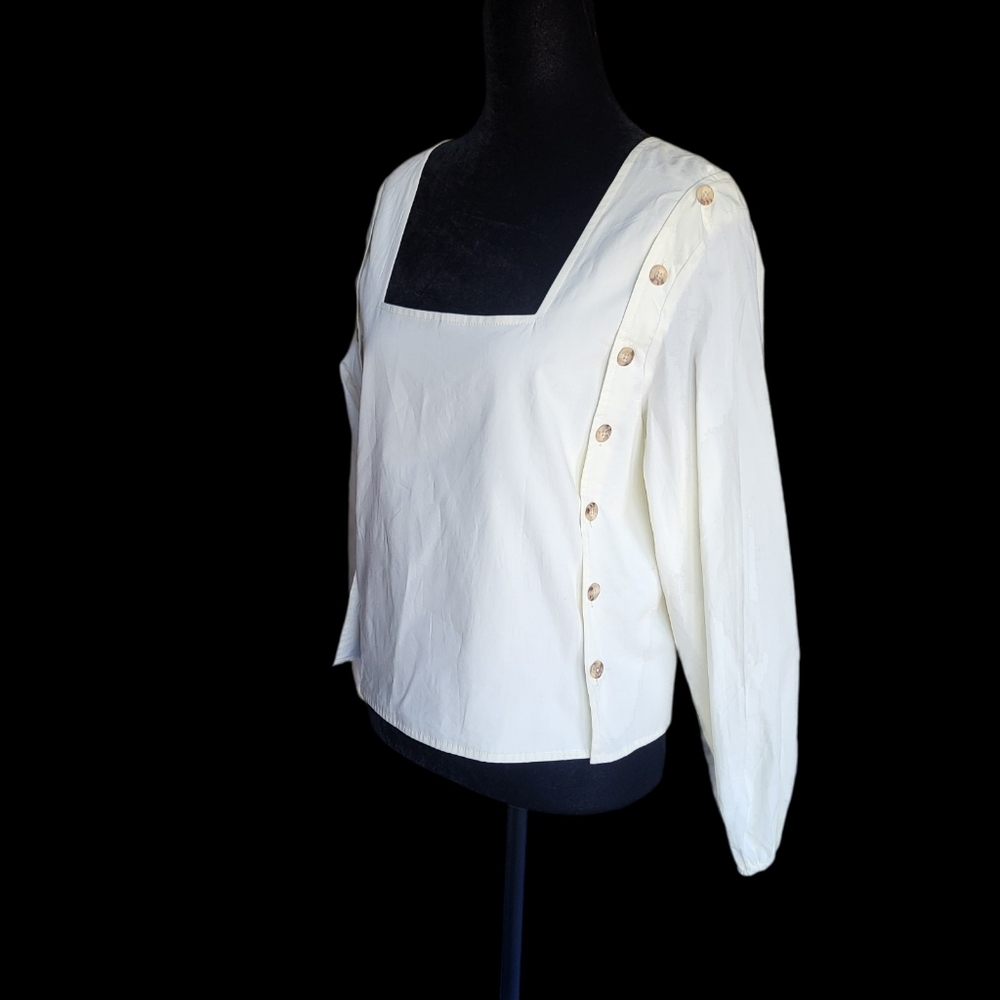 VETTA Capsule Button Sleeve Blouse Small Off White Cream Squareneck Shirt